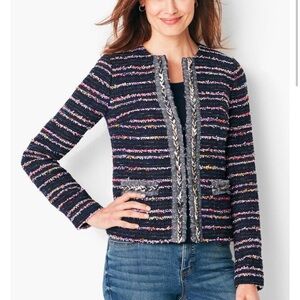 Talbots FRINGE TWEED JACKET navy blue pink blazer coat pockets